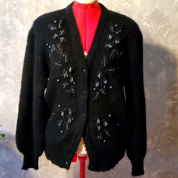 Vintage Bali mohair beaded knitted balloon sleeves cardigan size large - Picture 1 of 16